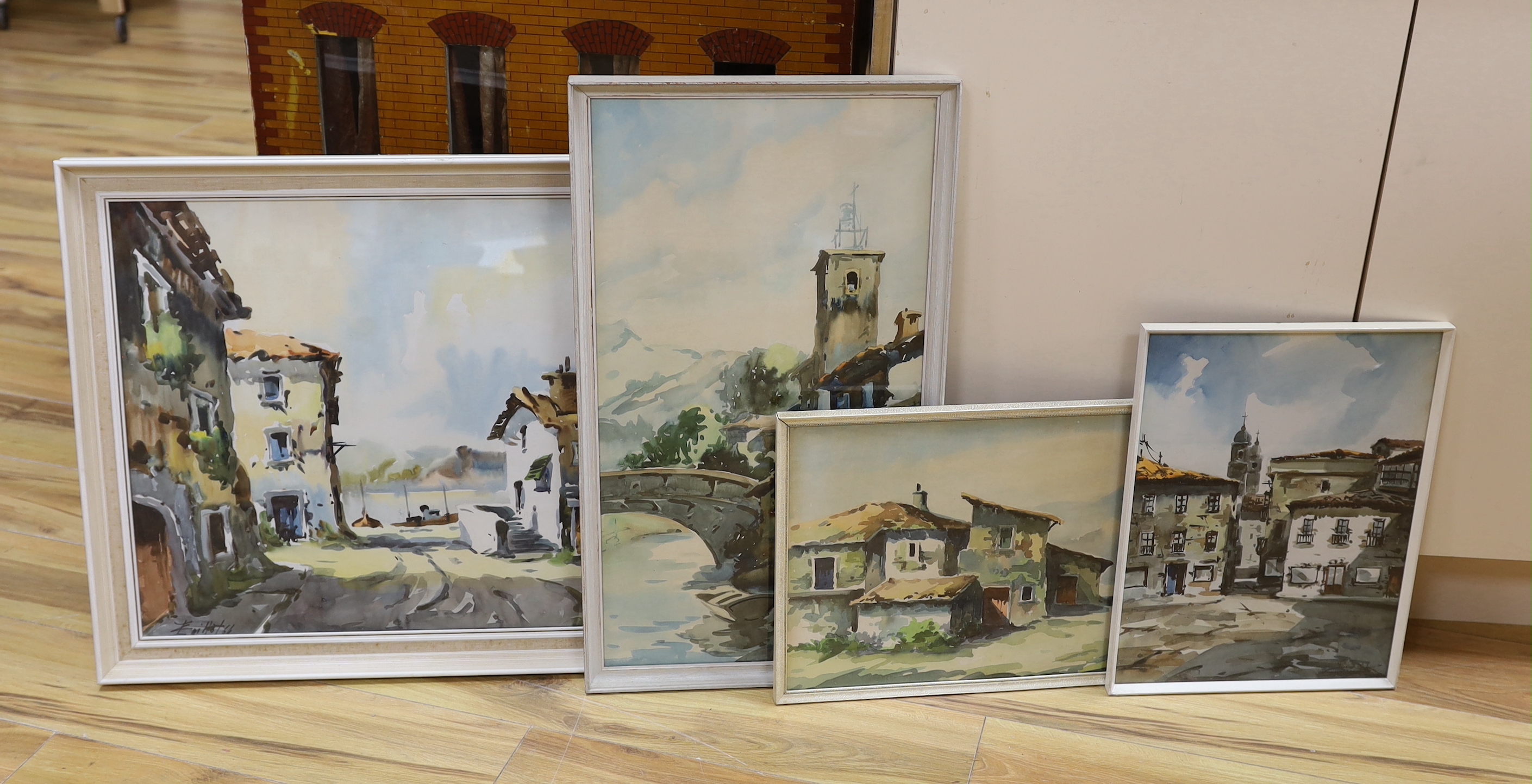 Javier Varela Guillot, four watercolours, Spanish town scene and Northern Spanish landscapes, signed and dated, largest 63 x 43cm